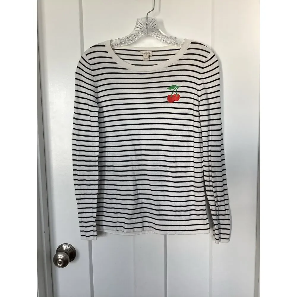 J. Crew Women's Embroidered Cherry Striped Teddie Sweater Black White Size XS‎ - Picture 3 of 9